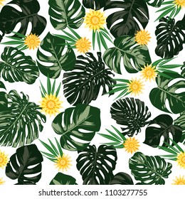 Monstera Leaves and Ethnic Flowers. Vector Seamless Pattern with Philodendron and Stylized Daisies. Watercolor Effect. Tropic Floral Background. Exotic Seamless Pattern with Jungle Foliage for Fabric.