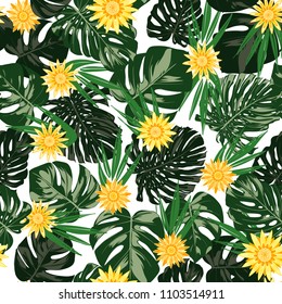 Monstera Leaves and Ethnic Flowers. Vector Seamless Pattern with Philodendron and Stylized Daisies. Watercolor Effect. Tropic Floral Background. Exotic Seamless Pattern with Jungle Foliage for Fabric.