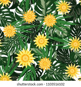 Monstera Leaves and Ethnic Flowers. Vector Seamless Pattern with Philodendron and Stylized Daisies. Watercolor Effect. Tropic Floral Background. Exotic Seamless Pattern with Jungle Foliage for Fabric.
