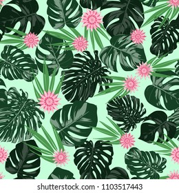 Monstera Leaves and Ethnic Flowers. Vector Seamless Pattern with Philodendron and Stylized Daisies. Watercolor Effect. Tropic Floral Background. Exotic Seamless Pattern with Jungle Foliage for Fabric.