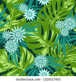 Monstera Leaves and Ethnic Flowers. Vector Seamless Pattern with Philodendron and Stylized Daisies. Watercolor Effect. Tropic Floral Background. Exotic Seamless Pattern with Jungle Foliage for Fabric.