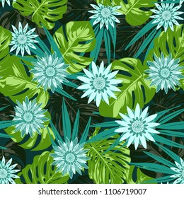 Monstera Leaves and Ethnic Flowers. Vector Seamless Pattern with Philodendron and Stylized Daisies. Watercolor Effect. Tropic Floral Background. Exotic Seamless Pattern with Jungle Foliage for Fabric.