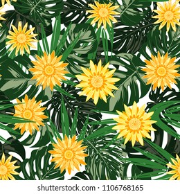 Monstera Leaves and Ethnic Flowers. Vector Seamless Pattern with Philodendron and Stylized Daisies. Watercolor Effect. Tropic Floral Background. Exotic Seamless Pattern with Jungle Foliage for Fabric.