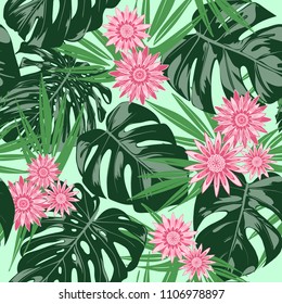 Monstera Leaves and Ethnic Flowers. Vector Seamless Pattern with Philodendron and Stylized Daisies. Watercolor Effect. Tropic Floral Background. Exotic Seamless Pattern with Jungle Foliage for Fabric.