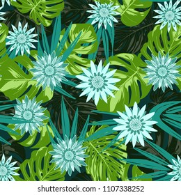 Monstera Leaves and Ethnic Flowers. Vector Seamless Pattern with Philodendron and Stylized Daisies. Watercolor Effect. Tropic Floral Background. Exotic Seamless Pattern with Jungle Foliage for Fabric.