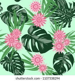 Monstera Leaves and Ethnic Flowers. Vector Seamless Pattern with Philodendron and Stylized Daisies. Watercolor Effect. Tropic Floral Background. Exotic Seamless Pattern with Jungle Foliage for Fabric.