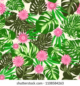 Monstera Leaves and Ethnic Flowers. Vector Seamless Pattern with Philodendron and Stylized Daisies. Watercolor Effect. Tropic Floral Background. Exotic Seamless Pattern with Jungle Foliage for Fabric.