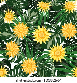 Monstera Leaves and Ethnic Flowers. Vector Seamless Pattern with Philodendron and Stylized Daisies. Watercolor Effect. Tropic Floral Background. Exotic Seamless Pattern with Jungle Foliage for Fabric.