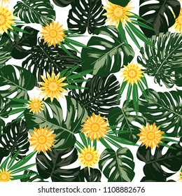 Monstera Leaves and Ethnic Flowers. Vector Seamless Pattern with Philodendron and Stylized Daisies. Watercolor Effect. Tropic Floral Background. Exotic Seamless Pattern with Jungle Foliage for Fabric.