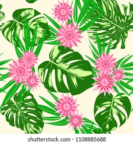 Monstera Leaves and Ethnic Flowers. Vector Seamless Pattern with Philodendron and Stylized Daisies. Watercolor Effect. Tropic Floral Background. Exotic Seamless Pattern with Jungle Foliage for Fabric.