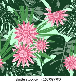 Monstera Leaves and Ethnic Flowers. Vector Seamless Pattern with Philodendron and Stylized Daisies. Watercolor Effect. Tropic Floral Background. Exotic Seamless Pattern with Jungle Foliage for Fabric.