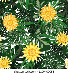 Monstera Leaves and Ethnic Flowers. Vector Seamless Pattern with Philodendron and Stylized Daisies. Watercolor Effect. Tropic Floral Background. Exotic Seamless Pattern with Jungle Foliage for Fabric.