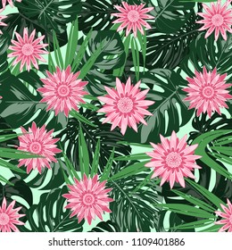 Monstera Leaves and Ethnic Flowers. Vector Seamless Pattern with Philodendron and Stylized Daisies. Watercolor Effect. Tropic Floral Background. Exotic Seamless Pattern with Jungle Foliage for Fabric.