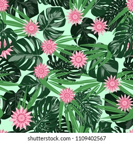 Monstera Leaves and Ethnic Flowers. Vector Seamless Pattern with Philodendron and Stylized Daisies. Watercolor Effect. Tropic Floral Background. Exotic Seamless Pattern with Jungle Foliage for Fabric.