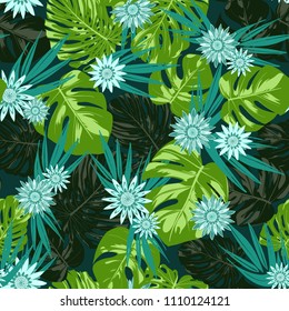 Monstera Leaves and Ethnic Flowers. Vector Seamless Pattern with Philodendron and Stylized Daisies. Watercolor Effect. Tropic Floral Background. Exotic Seamless Pattern with Jungle Foliage for Fabric.