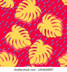 Monstera leaves floral seamless pattern. Yellow and pink leaves of Monstera. Line Background. Tropical pattern with leaves.