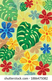 Monstera leaves and flowers. Illustration on a tropical theme