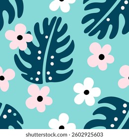 Monstera Leaves and Flowers Pattern