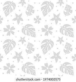 Monstera leaves and flowers seamless pattern. Flat style. Vector illustration.