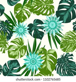 Monstera Leaves and Gerbera Flowers. Vector Seamless Pattern with Philodendron and Stylized Daisies. Watercolor Effect. Tropic Floral Background. Exotic Seamless Pattern with Jungle Foliage for Fabric
