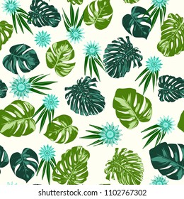 Monstera Leaves and Gerbera Flowers. Vector Seamless Pattern with Philodendron and Stylized Daisies. Watercolor Effect. Tropic Floral Background. Exotic Seamless Pattern with Jungle Foliage for Fabric