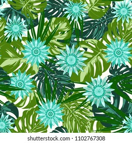 Monstera Leaves and Gerbera Flowers. Vector Seamless Pattern with Philodendron and Stylized Daisies. Watercolor Effect. Tropic Floral Background. Exotic Seamless Pattern with Jungle Foliage for Fabric