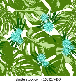 Monstera Leaves and Gerbera Flowers. Vector Seamless Pattern with Philodendron and Stylized Daisies. Watercolor Effect. Tropic Floral Background. Exotic Seamless Pattern with Jungle Foliage for Fabric