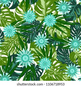 Monstera Leaves and Gerbera Flowers. Vector Seamless Pattern with Philodendron and Stylized Daisies. Watercolor Effect. Tropic Floral Background. Exotic Seamless Pattern with Jungle Foliage for Fabric