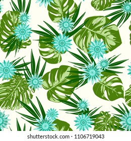 Monstera Leaves and Gerbera Flowers. Vector Seamless Pattern with Philodendron and Stylized Daisies. Watercolor Effect. Tropic Floral Background. Exotic Seamless Pattern with Jungle Foliage for Fabric