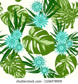 Monstera Leaves and Gerbera Flowers. Vector Seamless Pattern with Philodendron and Stylized Daisies. Watercolor Effect. Tropic Floral Background. Exotic Seamless Pattern with Jungle Foliage for Fabric