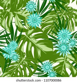 Monstera Leaves and Gerbera Flowers. Vector Seamless Pattern with Philodendron and Stylized Daisies. Watercolor Effect. Tropic Floral Background. Exotic Seamless Pattern with Jungle Foliage for Fabric