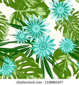 Monstera Leaves and Gerbera Flowers. Vector Seamless Pattern with Philodendron and Stylized Daisies. Watercolor Effect. Tropic Floral Background. Exotic Seamless Pattern with Jungle Foliage for Fabric
