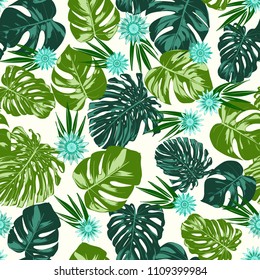 Monstera Leaves and Gerbera Flowers. Vector Seamless Pattern with Philodendron and Stylized Daisies. Watercolor Effect. Tropic Floral Background. Exotic Seamless Pattern with Jungle Foliage for Fabric