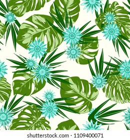 Monstera Leaves and Gerbera Flowers. Vector Seamless Pattern with Philodendron and Stylized Daisies. Watercolor Effect. Tropic Floral Background. Exotic Seamless Pattern with Jungle Foliage for Fabric