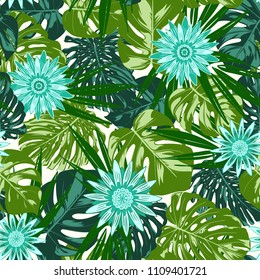 Monstera Leaves and Gerbera Flowers. Vector Seamless Pattern with Philodendron and Stylized Daisies. Watercolor Effect. Tropic Floral Background. Exotic Seamless Pattern with Jungle Foliage for Fabric