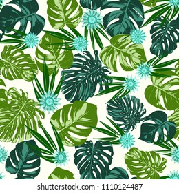 Monstera Leaves and Gerbera Flowers. Vector Seamless Pattern with Philodendron and Stylized Daisies. Watercolor Effect. Tropic Floral Background. Exotic Seamless Pattern with Jungle Foliage for Fabric