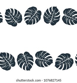 monstera leaves graphic regular double horizontal border seamless vector illustration