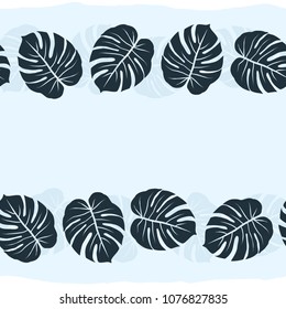 monstera leaves graphic regular double horizontal border seamless vector illustration on blue background