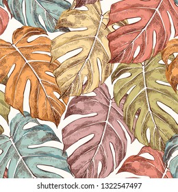 Monstera leaves hand drawn seamless retro color pattern. Philodendron background. Houseplant sketch drawing. Ink pen illustration. Domestic plant, greenery. Wrapping paper, wallpaper design