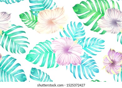  Monstera leaves and hibiscus flowers in summer holiday print. Saturated large floral swimwear print.  