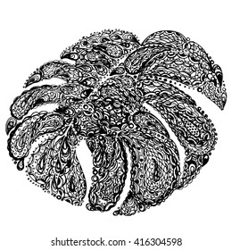 Monstera leaves illustration in paisley style. Tropical jungle plant. Vector eps10. Retro vintage style. Black and white color.