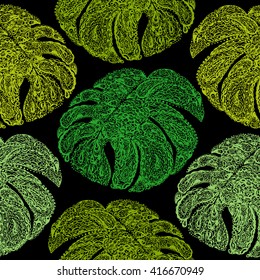 Monstera leaves illustration in paisley style. Tropical jungle plant. Vector wallpaper seamless textile pattern. Retro vintage style. Green color.