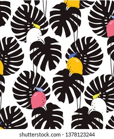 Monstera leaves with limon fruits. Botanica pattern. jungle background. Hand made watercolor vector illustration