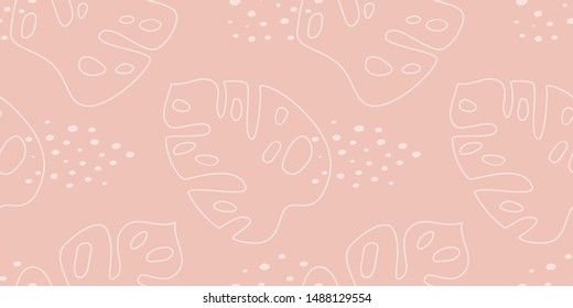 Monstera leaves linear hand drawn seamless pastel pattern. Kids Botanical print for wrapping paper, textile, clothing, background flat design