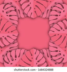 Monstera leaves in modern paper cut style. Pink tropical background with place for text. Summer jungle paper art style.