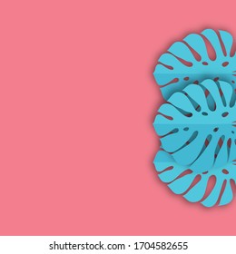 Monstera leaves in modern paper cut style. Pink tropical background with place for text. Summer jungle paper art style. Can be used for advertising and promotion.