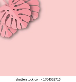 Monstera leaves in modern paper cut style. Pink tropical background with place for text. Summer jungle paper art style. Can be used for advertising and promotion.