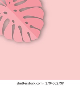 Monstera leaves in modern paper cut style. Pink tropical background with place for text. Summer jungle paper art style. Can be used for advertising and promotion.