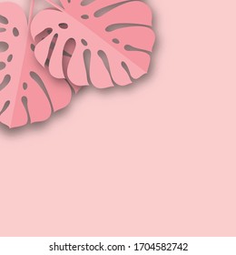 Monstera leaves in modern paper cut style. Pink tropical background with place for text. Summer jungle paper art style. Can be used for advertising and promotion.