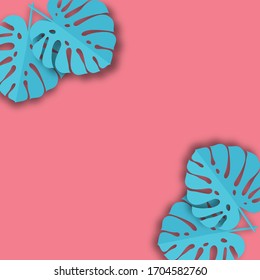 Monstera leaves in modern paper cut style. Pink tropical background with place for text. Summer jungle paper art style. Can be used for advertising and promotion.